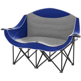 Padded Folding Camp Chair For Adults, Double Camping Chair With Armrests, Cup Holders, Carry Bag For Outdoor, Blue