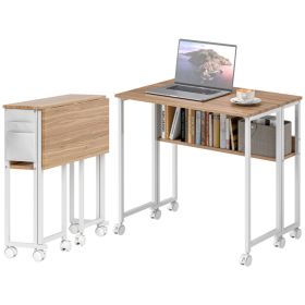 Folding Computer Desk, Foldable Desk With Storage Bag, Shelf And Wheels For Small Spaces, Home Office, Natural Wood
