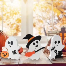 3 Pack Halloween Decorations, Cute Ghost Tabletop Decor, Wooden Tiered Tray Signs With Black Cat, Bat & Witch Broom For Home