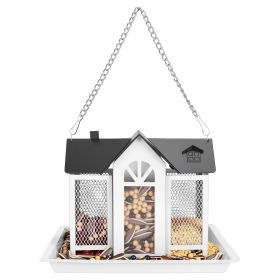 Metal Hanging Bird Feeder House Classic Barn Bird Feeder House Iron Hanging Outdoor Feeder with Visible Window and Lift Top Lid 15.75in Hanging Length (Option: White)